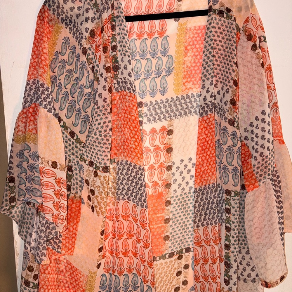 Lightweight Patchwork Print Kimono - Coral, Cream & Blue